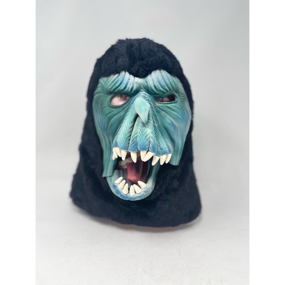 VTG Topstone Halloween Mask Green Face Black Fur Hooded Monster Molded Rubber‎